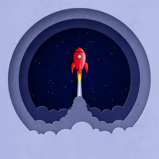 宇宙飞船在银河空间中飞行的 3D 插图圆形组合剪纸风格