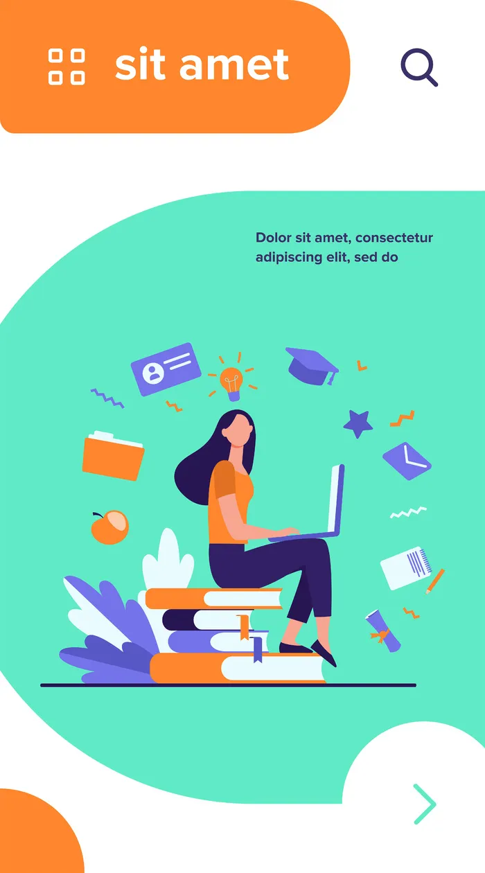 使用笔记本电脑学习在线课程的学生。坐在书堆上使用电脑的女人eps,ai矢量模版下载