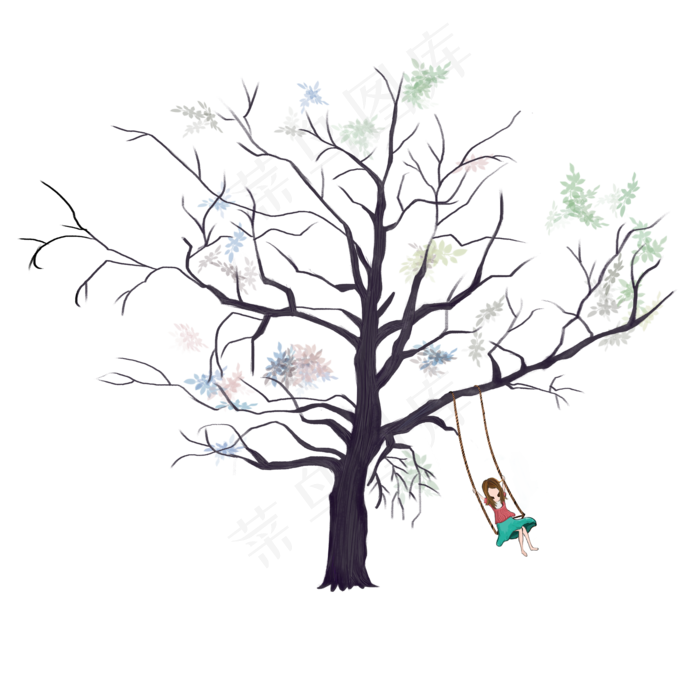 在秋天树上荡秋千的可爱女孩免抠