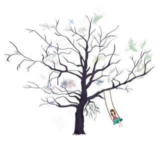 在秋天树上荡秋千的可爱女孩免抠