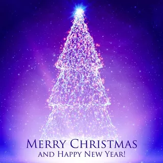 明亮的圣诞树在色彩鲜艳的紫罗兰色背景与背光和发光粒子。抽象矢量背景。发光的冷杉树。优雅闪亮的背景为您设计。