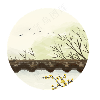 手绘秋冬江南唯美风景