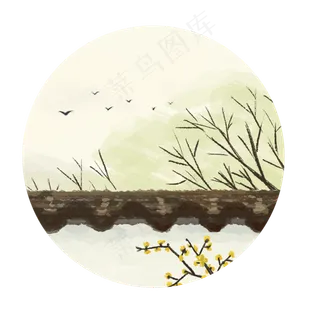 手绘秋冬江南唯美风景