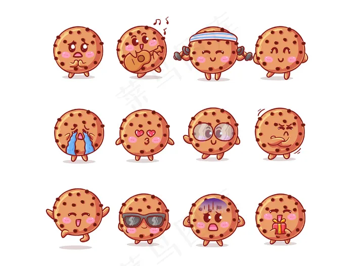 可爱和卡瓦伊巧克力饼干贴纸插图集各种活动和吉祥物的表达eps,ai矢量模版下载