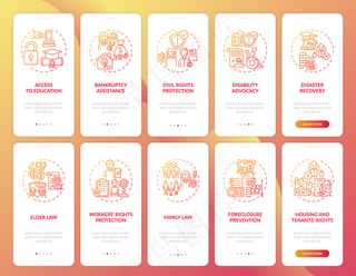 带概念的法律服务入职手机app移动应用程序app页面屏幕。法官判决演练10个步骤的图形说明。