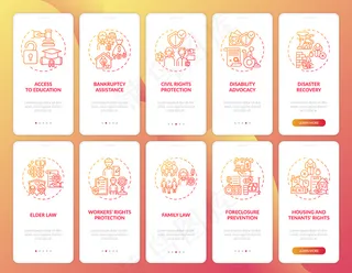 带概念的法律服务入职手机app移动应用程序app页面屏幕。法官判决演练10个步骤的图形说明。