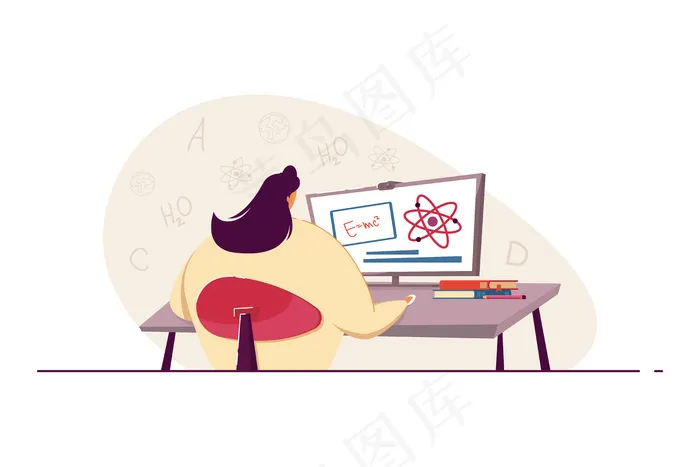 做数学计算的女人。年轻女性试图使用计算机解决数学任务。寻找解决方案。横幅banner、网站设计或登陆网页的科学、知识概念eps,ai矢量模版下载