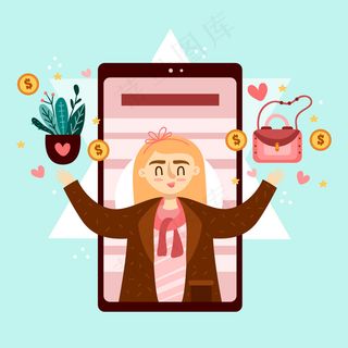 手持钱包的女人和植物营销手机的概念