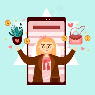 手持钱包的女人和植物营销手机的概念