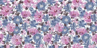 矢量花卉无缝图案。粉彩的花和叶。粉色，蓝色，紫色的花卉元素在白色的背景上分离。用于任何表面的装饰设计。