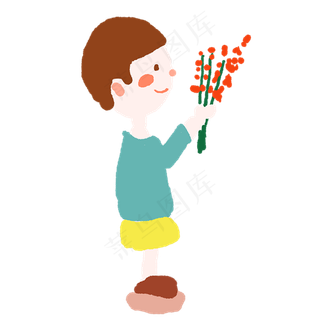 拿着一束红花的男孩