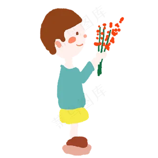 拿着一束红花的男孩