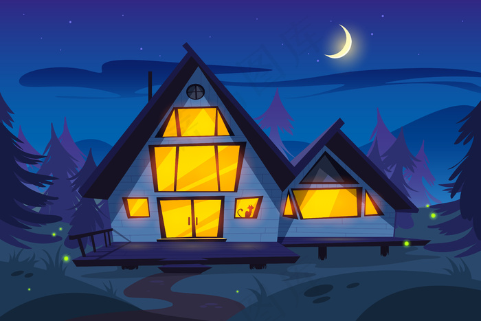 夜间森林中的木屋森林人小屋