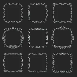 华丽的方形框架。书法元素。花押字复古标签。黑底白字，插图。