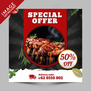 快餐外卖餐厅的方形横幅banner、宣传单,DM传单或模板