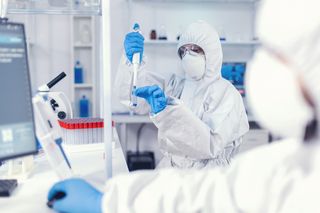 医疗保健医生使用微量移液器从试管中取样。研究实验室的微生物学家团队在 COVID19 全球大流行期间进行实验。