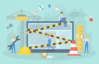 网站建设中的网页。正在进行中。小人物在互联网上重新制作主页。插图