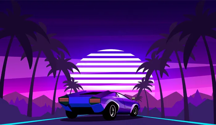 紫色跑车的背景是沿路棕榈树的复古波浪景观。80年代风格的矢量插图。eps,ai矢量模版下载