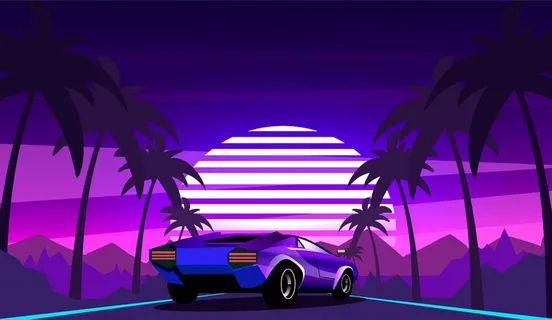 紫色跑车的背景是沿路棕榈树的复古波浪景观。80年代风格的矢量插图。