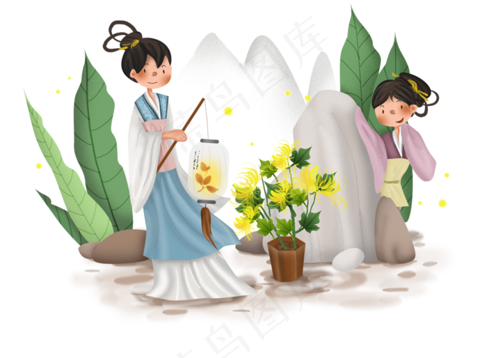 重阳节手绘古人赏菊