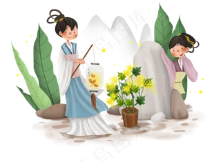 重阳节手绘古人赏菊