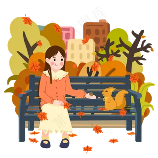 秋日秋季公园女孩可爱逗弄松鼠落 秋日秋季公园女孩可爱逗弄松鼠落