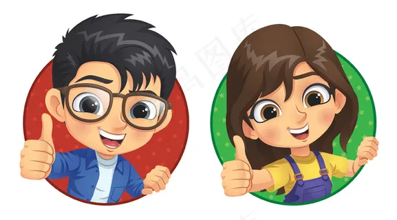 小男孩和小女孩竖起大拇指