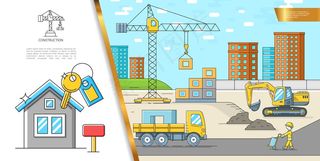丰富多彩的建筑工地概念，配有卡车、挖掘机、起重机、建筑工人、新房和线性风格插图中的钥匙