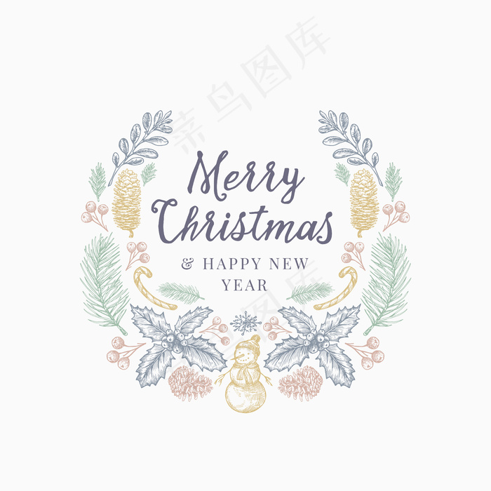 圣诞祝福手绘素描花环，横幅banner或卡片模板。