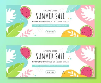 夏季销售标题或横幅banner设计，75%折扣优惠，抽象背景上装饰西瓜和热带树叶。
