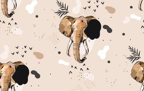 手绘抽象创意图形艺术插图无缝拼贴图案与素描大象画部落墨脱在卡其色背景上孤立