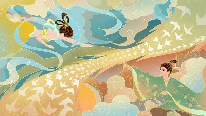 敦煌壁画风格中国神话牛郎织女七夕情人节(2880*1620px 300 dpi )psd模版下载