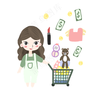 双十一购物节卡通手绘风女孩买玩