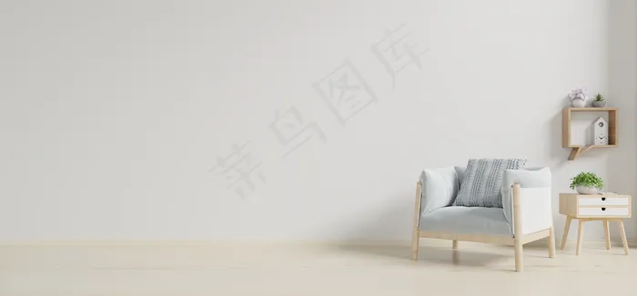 室内空荡荡的白色墙上有一把扶手椅