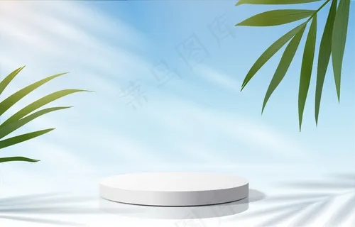 抽象几何形式的最小场景。蓝色背景的圆柱形讲台，带叶子。