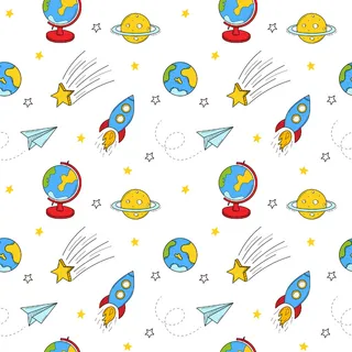与空间物体、火箭、飞机的无缝模式。彩色涂鸦矢量背景