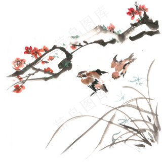 梅花与麻雀水墨画PNG免抠素材