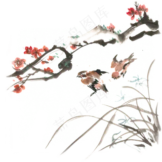 梅花与麻雀水墨画PNG免抠素材 梅花与麻雀水墨画PNG免抠素材