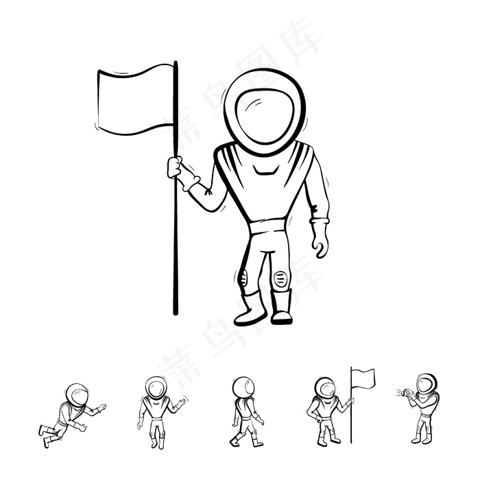 宇航员的矢量图集。行星探索和成就涂鸦