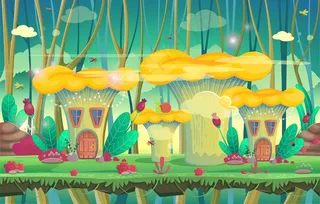 有蘑菇屋的森林。游戏矢量图