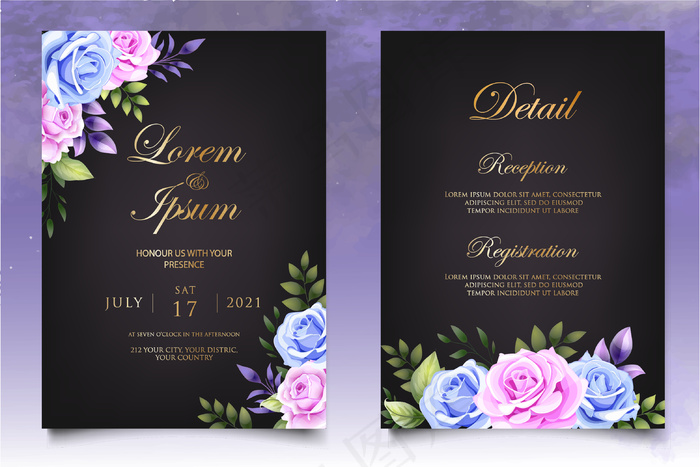 美丽的手绘花卉婚礼请柬模板