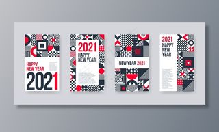新年贺卡套装。带有几何形状和图案的海报。