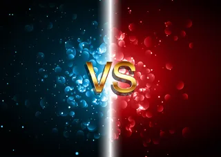 与红色和蓝色波基灯设计的战斗屏幕背景相比