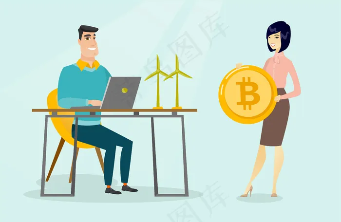 在绿色科技领域投资比特币的女性。eps,ai矢量模版下载