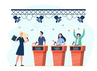 快乐的参与者在电视节目中玩智力游戏。带麦克风的主持人提问。