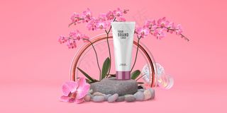 化妆模板粉红色工作室岩石主席台和兰花粉彩三维渲染