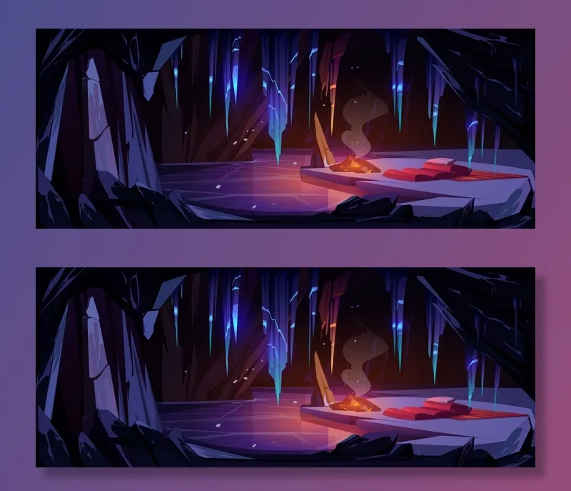 山上有篝火和睡袋的冰洞，洞内有冰冻的湖水和悬挂的冰柱，是游客过夜的地方。有水晶钟乳石的空洞穴。卡通矢量图eps,ai矢量模版下载