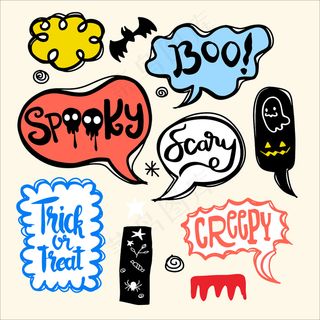 万圣节演讲泡泡与文字集：幽灵，诡计或威胁，恐怖，恐怖等插图，孤立
