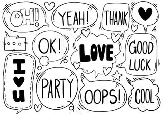 手绘背景集可爱的语音泡沫与涂鸦风格的文本