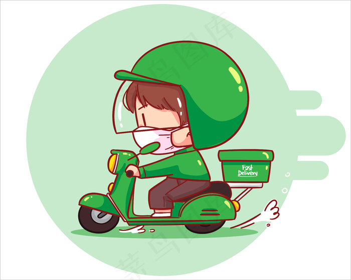 送饭可爱的男人骑摩托车，卡通艺术插画